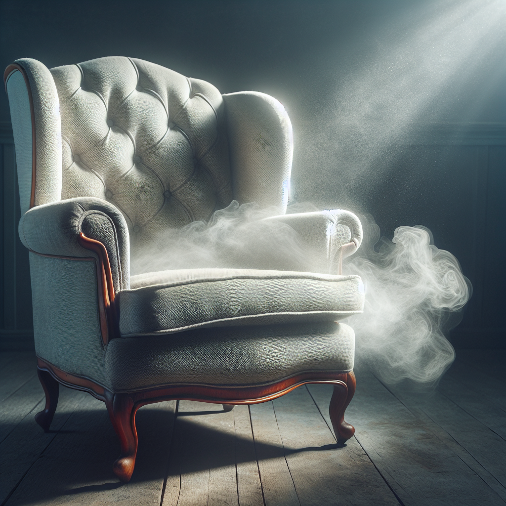 A close-up shot of a vintage upholstered armchair in a slightly muted, indoor setting. Subtle, almost translucent wisps of stale, grayish smoke or haze are faintly visible around the fabric, subtly conveying a persistent odor. A beam of soft light from a nearby window highlights dust motes, emphasizing the need for cleaning. The overall mood should be realistic and slightly melancholic, reflecting the challenge of lingering smells.