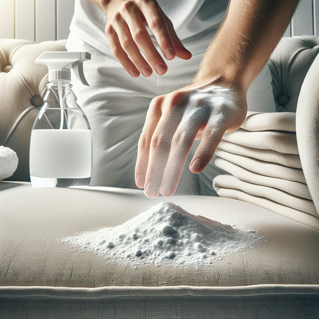 A bright, clean image showing a person's hands gently sprinkling a generous amount of fine white powder (representing baking soda or natron) over a section of a light-colored, plush fabric sofa. In the background, slightly out of focus, a spray bottle containing a clear liquid (vinegar solution) and a folded, clean white cloth are visible. The scene is well-lit and fresh, emphasizing effective odor removal and cleanliness. Realistic, high-detail texture.