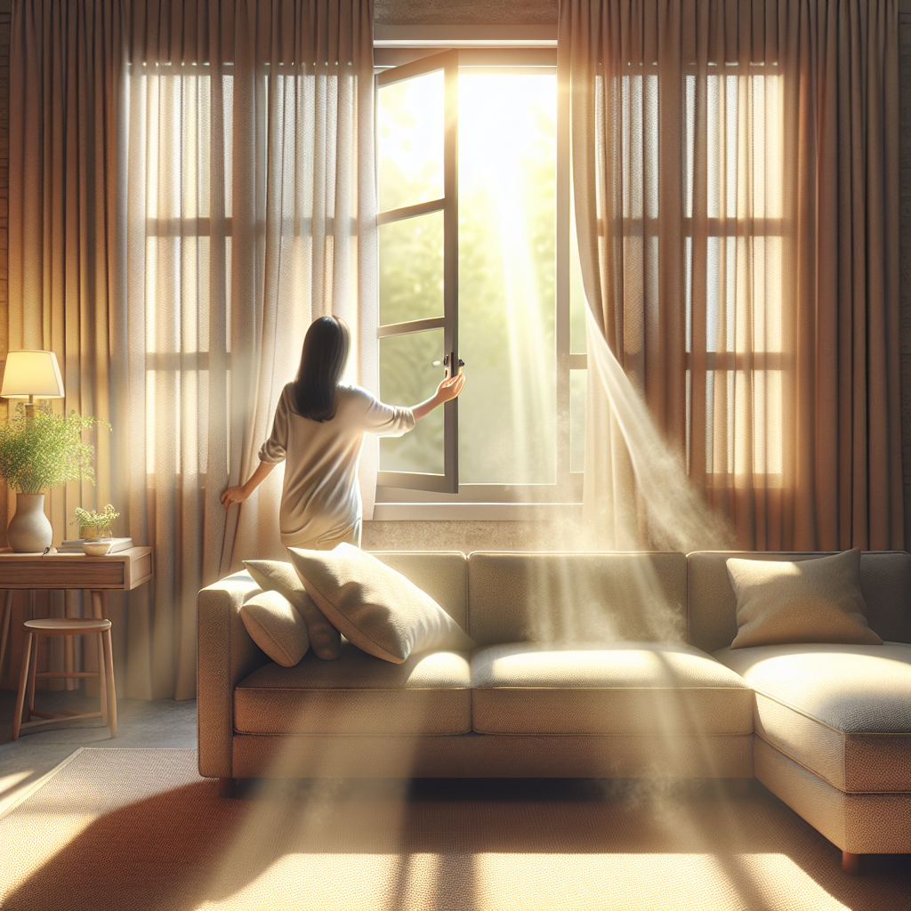 A bright and airy living room scene. A comfortable, slightly worn fabric sofa sits near a large open window, with sunlight streaming in. Above the sofa, there's a subtle, almost ethereal visual representation of a stale, faint odor dissipating into the fresh air. A person's hand is visible gently pushing the window further open. The overall atmosphere conveys a feeling of rejuvenation and cleanliness. Photorealistic, warm tones, natural light.