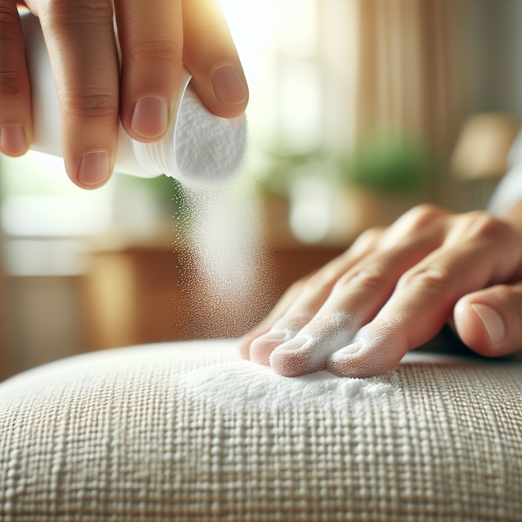 Close-up shot of hands carefully sprinkling a generous amount of white powder (baking soda) onto the light-colored fabric of an upholstered armchair. The powder is settling into the texture of the fabric. In the background, out of focus, a clean, cozy home interior is visible. The scene emphasizes a practical home remedy for odor removal. Photorealistic, soft focus, detailed texture, natural light.