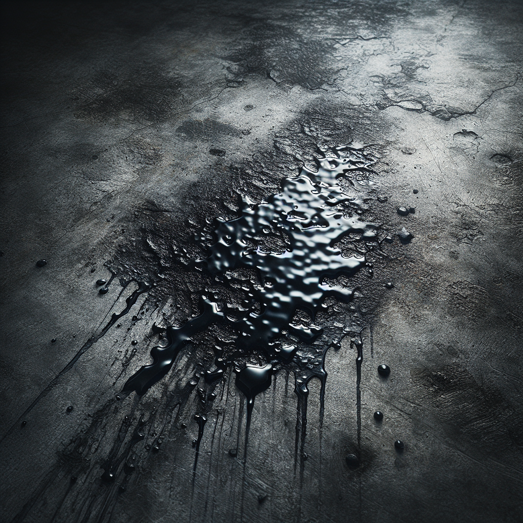 A close-up, high-detail photograph of a dark, persistent motor oil stain deeply absorbed into a rough, textured grey concrete garage floor. The lighting emphasizes the stubborn, oily appearance of the stain, with subtle shadows and highlights on the weathered concrete.