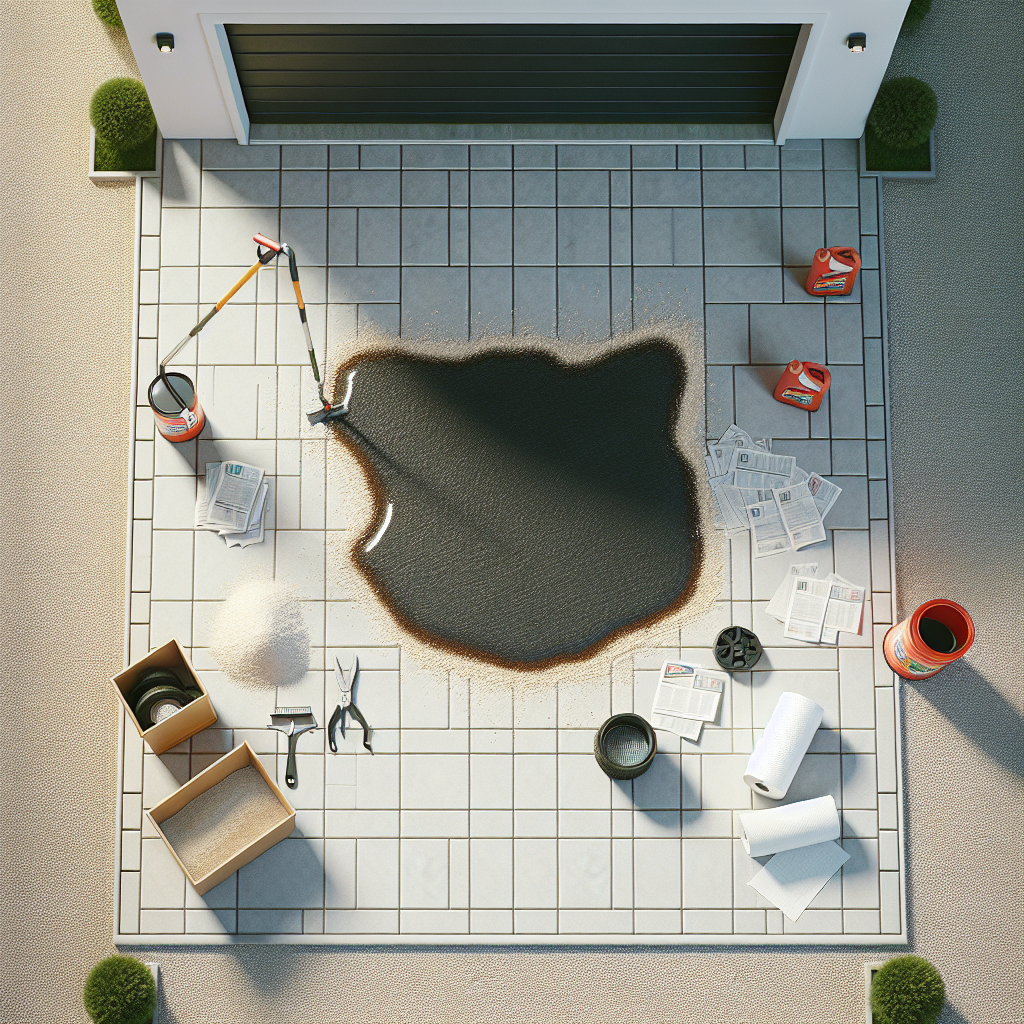 An overhead shot of a clean, light-colored paved driveway section, with a small, contained fresh motor oil spill on one side. Next to the spill are absorbent materials like a small pile of cat litter and a few sheets of paper towel, ready for immediate action. The scene is bright and conveys proactive cleaning.