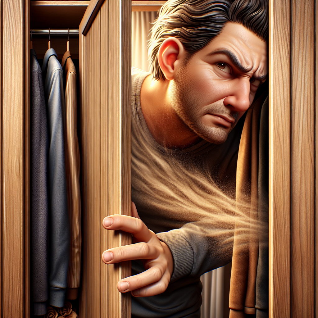 A person with a slightly displeased or concerned expression opening a wooden wardrobe door, from which a subtle, almost visible wave of a musty, unpleasant odor seems to emanate. The interior of the wardrobe shows neatly folded clothes but with a hint of an aged, enclosed atmosphere. The overall feeling is one of discovering an unwelcome smell. Realistic, clean style, suitable for a blog.