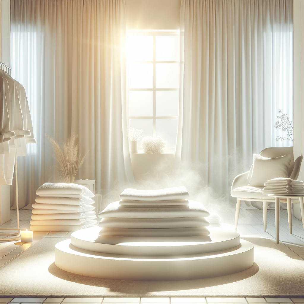 A bright and airy bedroom or living space, filled with natural light coming through a window. Freshly laundered white textiles (like towels or a blanket) are neatly folded on a clean surface or draped over a chair. A subtle, clean vapor or soft light effect symbolizes fresh air and a pleasant scent, signifying a space free of unpleasant odors. The atmosphere is serene, clean, and inviting. Realistic, modern, blog article aesthetic.