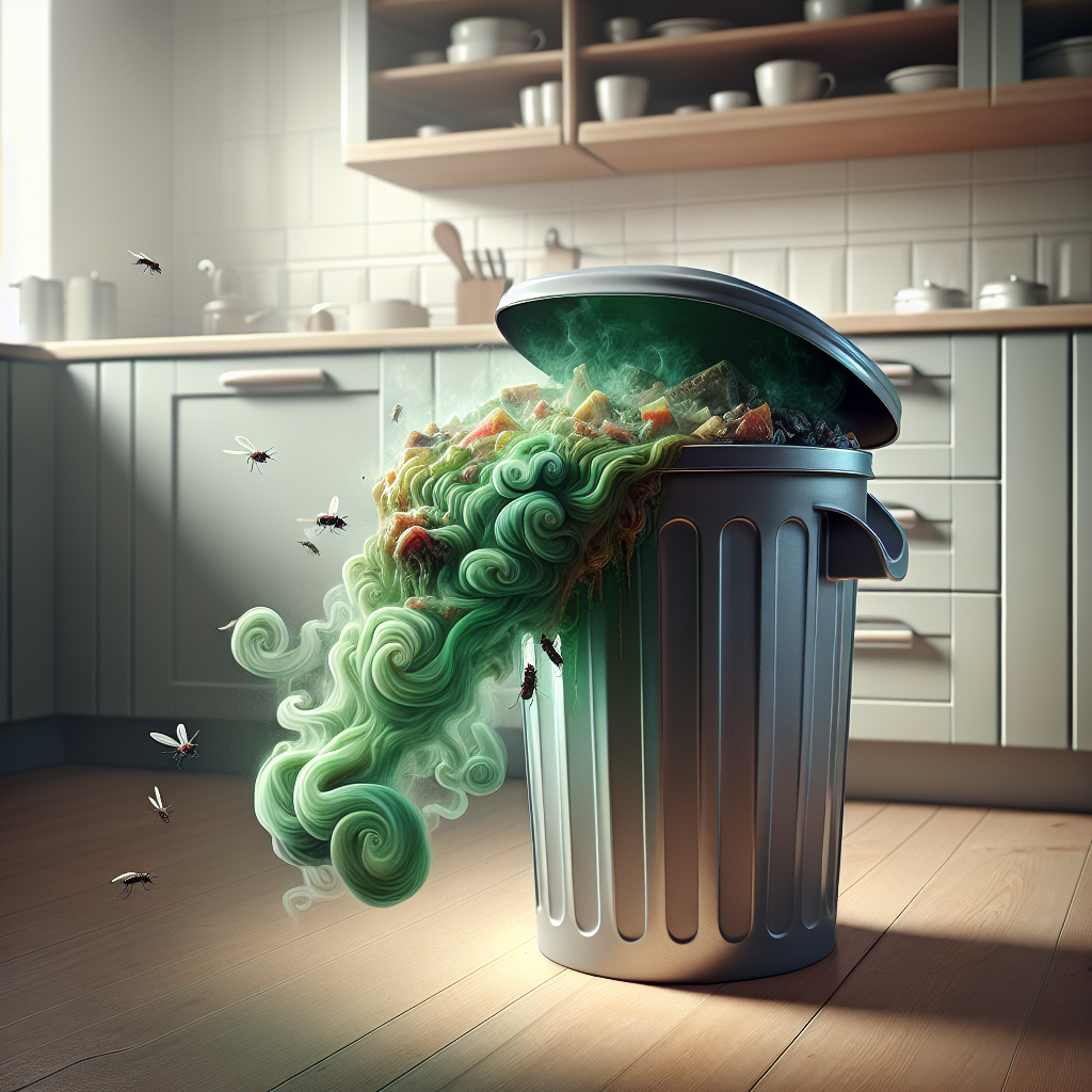 A detailed, realistic photograph showing a modern kitchen trash can with its lid slightly open. A strong, visibly unpleasant, green and brownish stench is emanating from the bin, depicted as swirling fumes. A few houseflies are hovering around the opening, emphasizing the foul smell. The kitchen background is slightly blurred, focusing on the source of the odor.