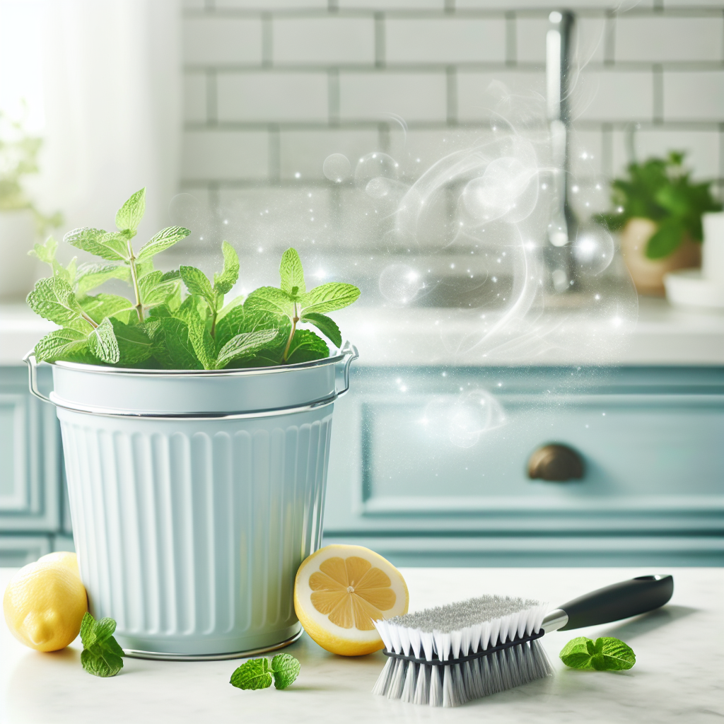 A bright and airy photograph of a sparkling clean kitchen trash can. Next to the bin, there are fresh lemon slices, a sprig of mint, and a clean scrubbing brush, symbolizing effective cleaning and freshness. Subtle, ethereal wisps of fresh air are visible around the bin, highlighting the pleasant, clean atmosphere in the kitchen.