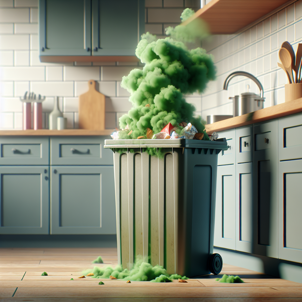 A kitchen trash can emitting thick, green, cartoon-style bad odor fumes. The bin is slightly open, revealing some typical kitchen waste. The scene conveys a strong, unpleasant smell in a modern kitchen setting. Cinematic, high detail.