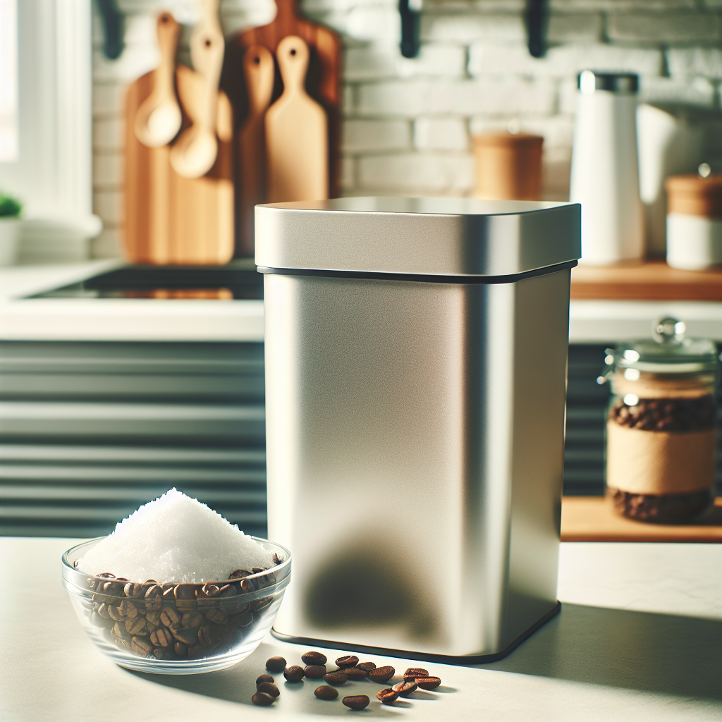 A sparkling clean, modern kitchen trash can with a small pile of white baking soda at the bottom. Next to it, a small bowl of fresh coffee grounds sits on a clean counter. The scene exudes freshness, cleanliness, and a pleasant atmosphere in a bright, inviting kitchen.