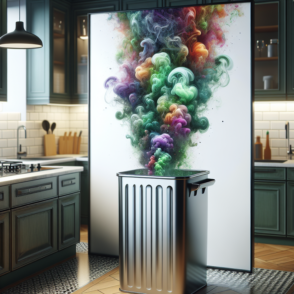 A kitchen scene depicting a closed, modern trash can from which visible wavy, green and purple foul-smelling fumes are escaping, filling the air with an unpleasant odor. The background shows a slightly blurred, clean kitchen counter. Realistic, photographic style.