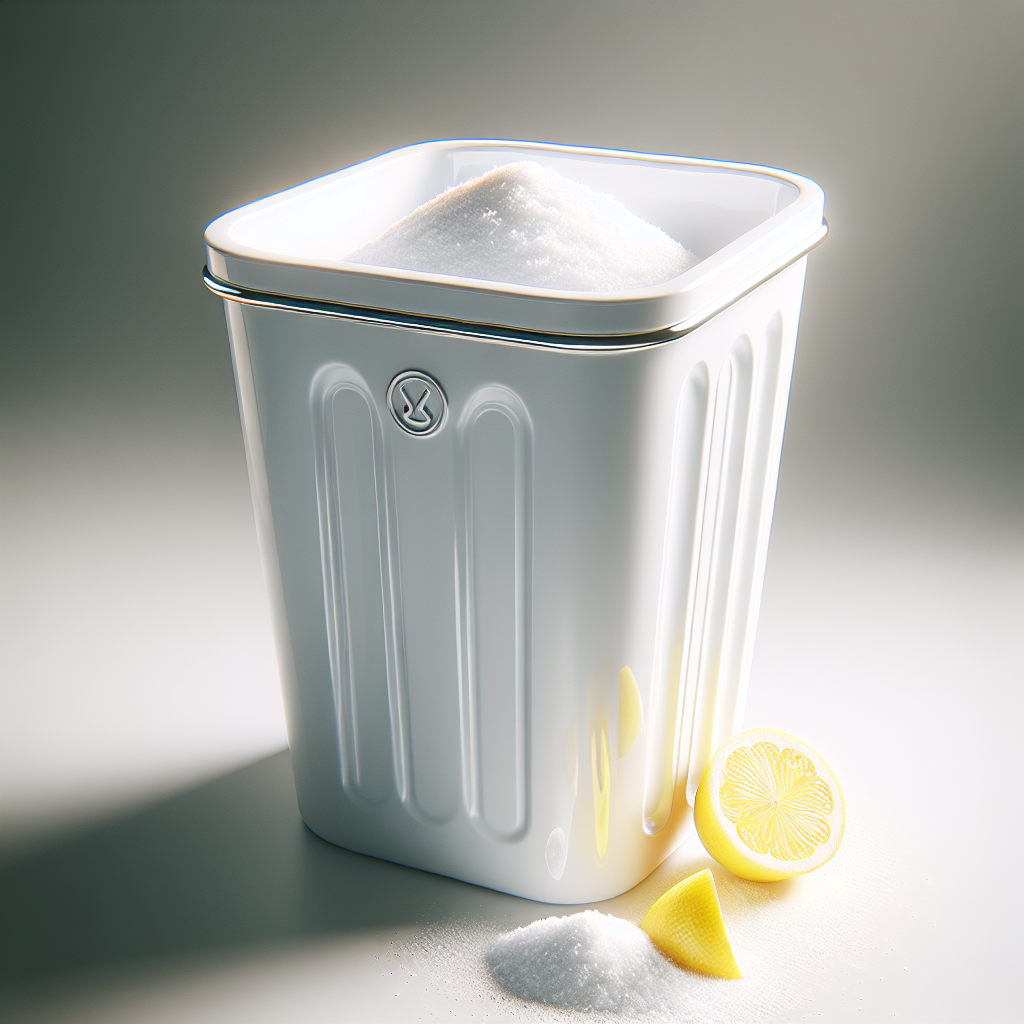 A bright, clean kitchen trash can, sparkling inside. At the bottom, there's a small pile of white baking soda and a few fresh lemon peels. Subtle, fresh, clean aura radiating from the trash can, conveying a sense of freshness and odor elimination. Realistic, photographic style.