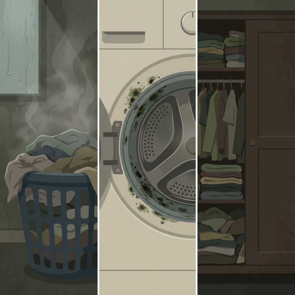 A detailed flat illustration depicting the common causes of musty clothing. The image should be visually segmented. One section shows a dark, overflowing laundry basket filled with damp, crumpled clothes in a poorly ventilated, humid environment. Another section highlights a washing machine drum, with visible dark mold or mildew patches on the rubber seal around the door. A third section could show clothes tightly packed into a closed, unventilated wardrobe, emphasizing lack of air circulation. The overall mood should be slightly muted and dingy, conveying the problem.