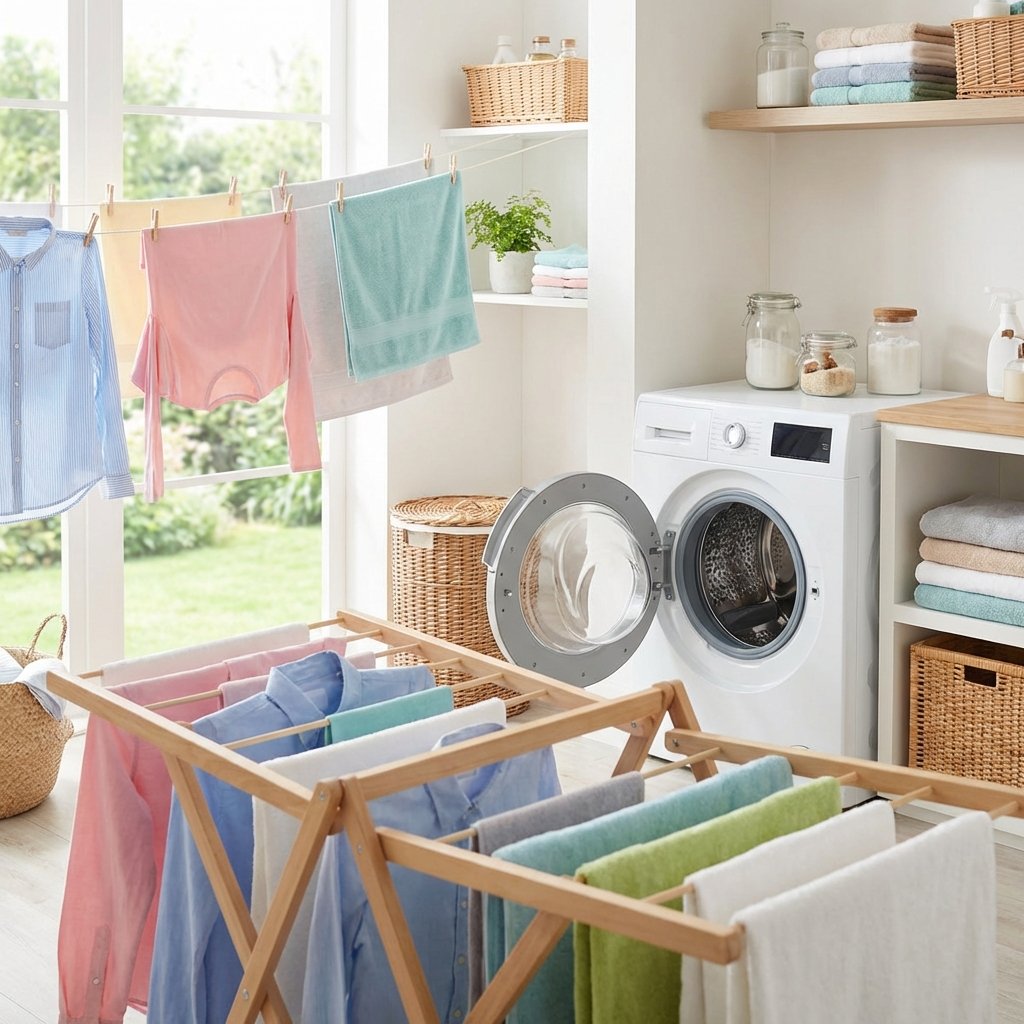 A bright and clean professional photo showcasing effective prevention methods for musty clothes. The main focus is on a sunlit laundry room or an outdoor scene where colorful, freshly washed clothes are drying on a line or a modern drying rack, with plenty of air circulation around them. In the background, a sparkling clean washing machine has its door slightly ajar, symbolizing proper ventilation after use. The image should evoke a strong sense of freshness, cleanliness, and good organization, using soft, natural lighting to enhance the feeling of hygiene and care.