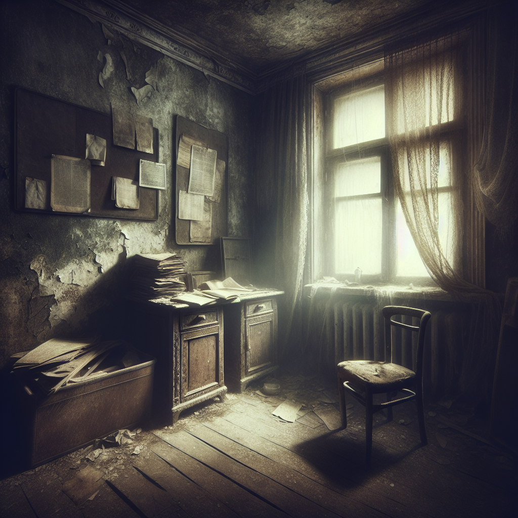 An old, neglected room with dim lighting, a slightly damp corner, and dusty antique furniture, hinting at a musty and stale atmosphere. A closed window and heavy curtains contribute to the lack of fresh air. Realistic interior photography, conveying a sense of unpleasantness and forgottenness.