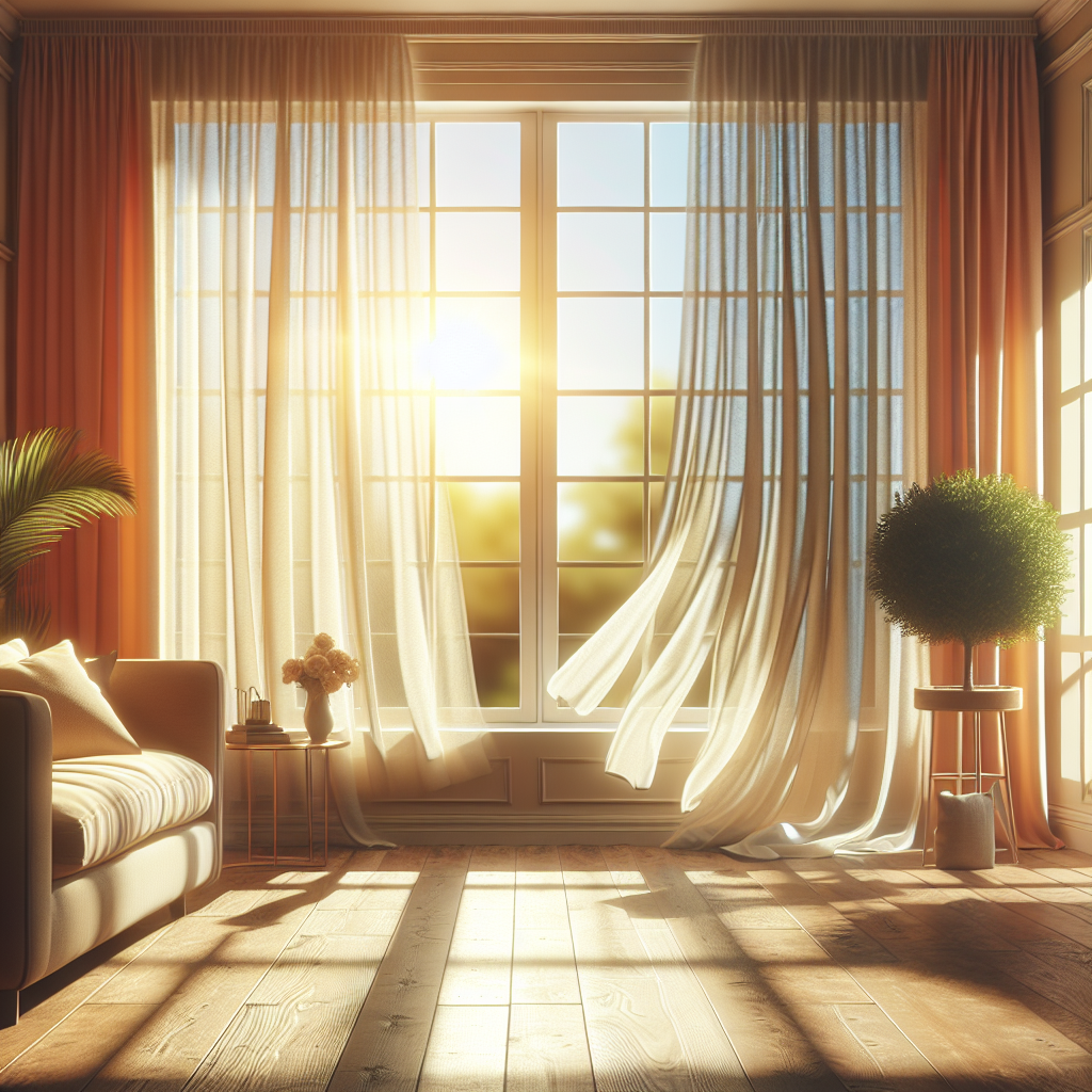 A bright, inviting living room with a wide-open window, sheer curtains gently billowing in a fresh breeze, and sunlight streaming in. The room looks clean and tidy, conveying a sense of fresh air, cleanliness, and a pleasant living environment. Realistic interior photography, emphasizing warmth and light.