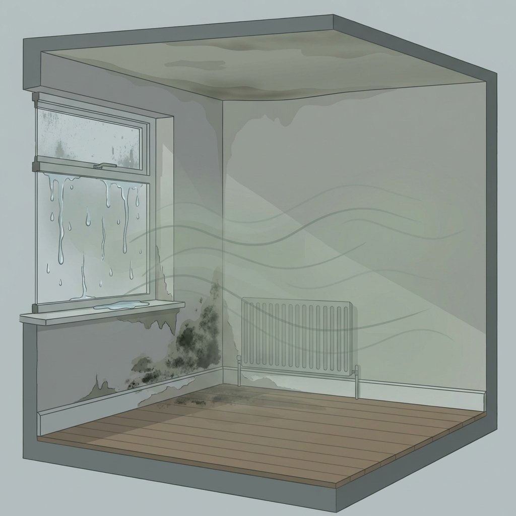 A detailed flat illustration depicting a cross-section of a humid, poorly ventilated room corner. Show condensation visibly dripping down a windowpane. A wall near the floor exhibits a small, subtle patch of dark mold, indicating moisture penetration. Stagnant, heavy air is subtly visualized with a slightly greenish tint or very faint wavy lines emanating from damp areas. The overall atmosphere should feel slightly oppressive and damp, using a muted color palette dominated by cool greys, greens, and browns, emphasizing the causes of musty odors.