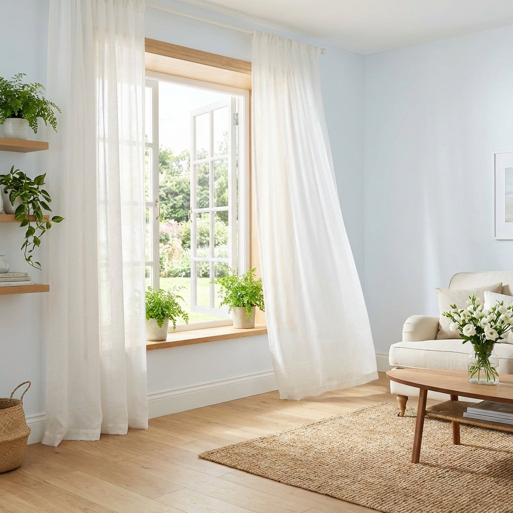 A vibrant, professional-style photo or realistic digital painting of a bright, fresh room. The scene is dominated by a large, open window through which abundant natural light streams in, suggesting excellent ventilation. Sheer, clean curtains gently billow from a soft breeze, indicating fresh air circulation. The room is tidy and features healthy green plants, creating a sense of natural freshness and cleanliness. The overall mood should be inviting, airy, and free of any visible dampness or grime, using a clean, light color palette to symbolize the elimination of musty odors.