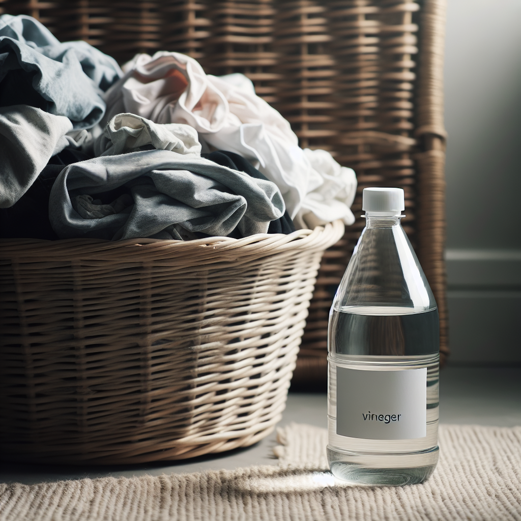 A close-up shot of a pile of rumpled, slightly damp-looking laundry in a laundry basket, with a subtle visual hint of unpleasant mustiness or odor. Next to the basket, a clear bottle of household vinegar stands prominently, suggesting a simple solution. The lighting is soft but slightly muted, conveying the initial problem.