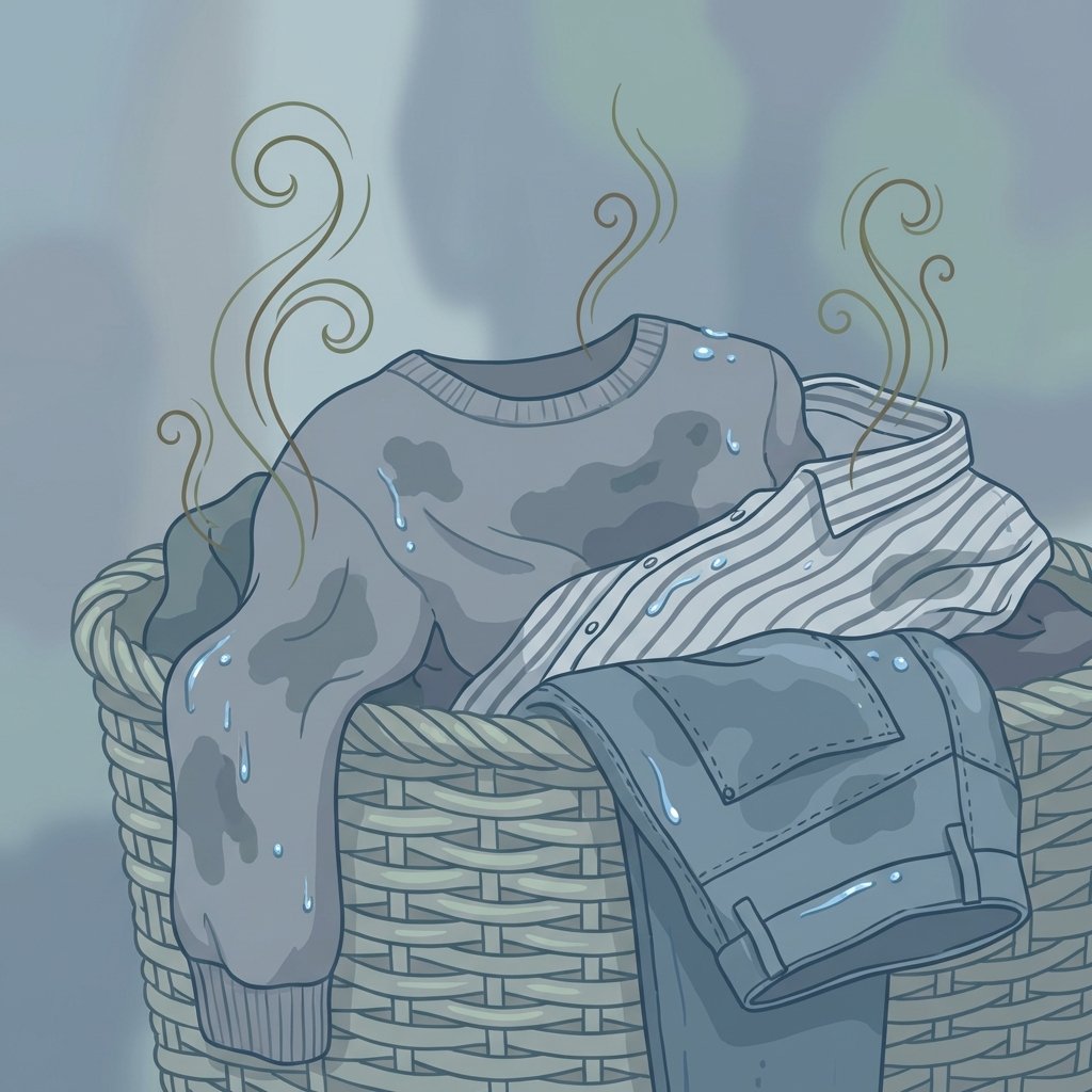 A flat illustration depicting a close-up of damp, musty laundry inside a washing machine drum or a wicker laundry basket. The clothes appear slightly discolored in patches, with subtle, abstract swirling lines in muted green and brown tones emanating from them, symbolizing the unpleasant odor and microscopic bacteria/fungi. Drops of water or moisture glisten on the fabric, emphasizing the dampness. The overall mood is slightly muted and cool-toned, conveying the problem effectively for a blog context.