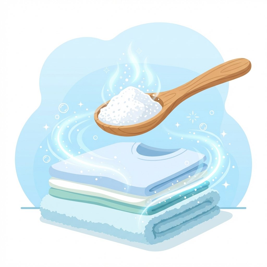 A bright and clean flat illustration or infographic-style image. In the foreground, a wooden spoon is scooping white, crystalline baking soda powder. Below the spoon, a pile of folded laundry (e.g., a towel, a t-shirt) sits neatly. Abstract, subtle blue and white energy waves or particles emanate from the baking soda and gently envelop the laundry, symbolizing odor neutralization and freshness. The background is simple and uncluttered, focusing on the action and the positive effect. The color palette is fresh and inviting.