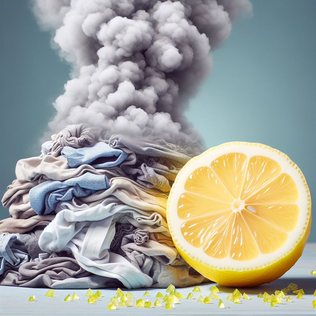 A pile of wrinkled, musty-smelling clothes with subtle grey odor fumes rising, contrasted with a vibrant, halved lemon and sparkling citric acid crystals, representing natural freshness and odor removal. Bright, clean aesthetic, still life photography.
