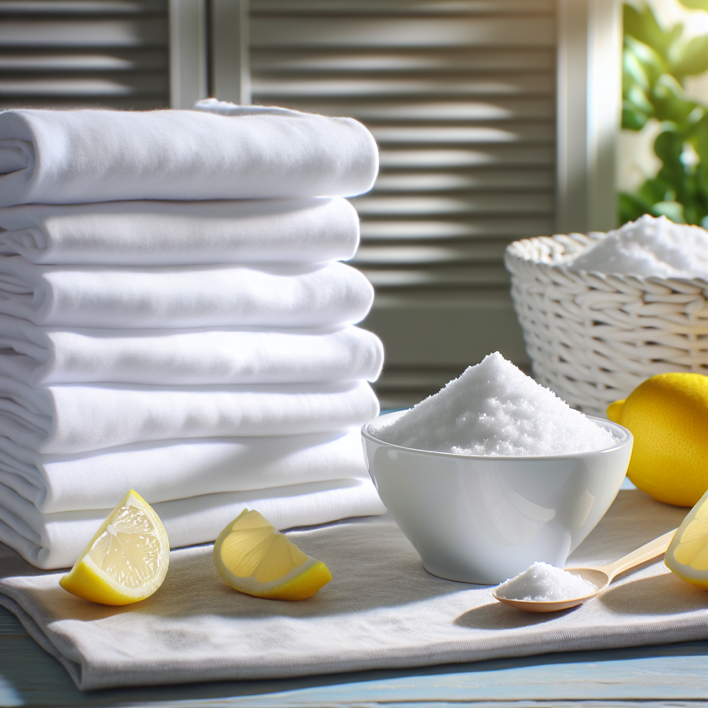 A beautifully arranged stack of clean, white, freshly folded laundry. Next to it, a bowl containing white crystalline powder (citric acid) and a few fresh lemon slices, all set in a bright, inviting laundry room with natural light. Focus on a feeling of freshness and cleanliness.