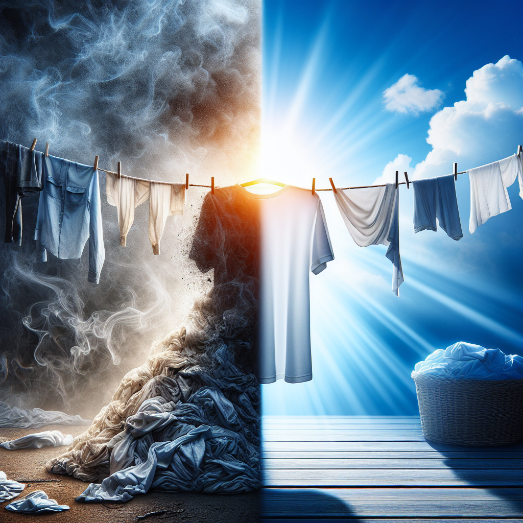 A vibrant split image showing the contrast between musty laundry and fresh clothes. On the left, a pile of slightly damp, crumpled clothes with a subtle visual representation of unpleasant odor (e.g., faint, wavy grey lines), in a dimly lit, cluttered setting. On the right, a crisp, clean white shirt fluttering gently on an outdoor clothesline under bright, warm sunshine, with a clear blue sky in the background. Hyperrealistic, focus on texture and light.