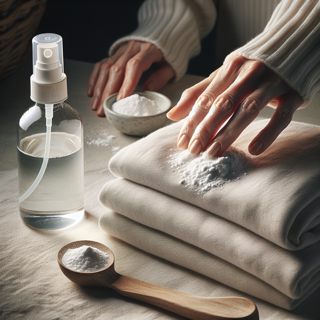 A close-up shot of hands applying home remedies to clothes. One hand is gently sprinkling white baking soda powder onto a folded, dry piece of clothing (e.g., a sweater), while a simple, clear spray bottle containing a liquid (representing vinegar solution) is visible in the background, ready for use. The setting is a clean, bright tabletop, emphasizing natural ingredients and an easy, effective process. Soft, natural light.