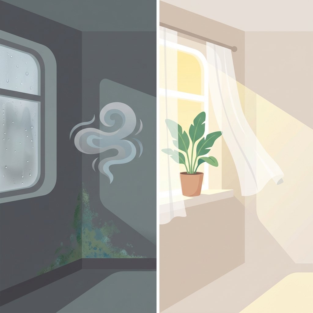 A side-by-side comparison in a clean, modern flat illustration with a soft color palette. On the left, a dimly lit, damp room corner showing condensation on a window, a subtle hint of green mold creeping up a wall in a shadowed area, and a faint, swirling grey cloud representing the musty smell. On the right, the same room corner transformed: bright sunlight streaming through a clean window, sheer curtains billowing slightly to indicate a gentle breeze, and a vibrant, fresh-looking plant on a windowsill, symbolizing clean air.