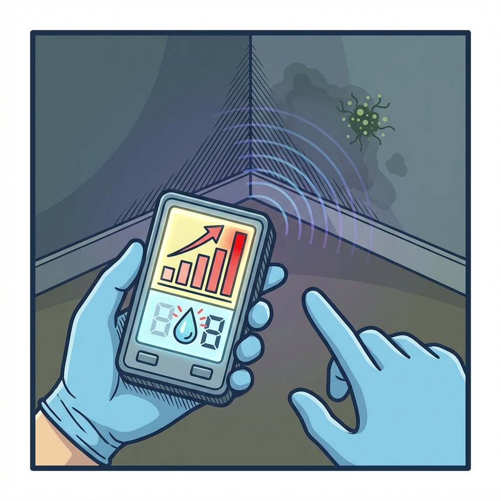 An infographic-style illustration with clear, crisp lines, focusing on the act of detection. A person's hands are prominently featured, holding a digital hygrometer. The hygrometer's screen visually indicates a high humidity level with a rising bar or a red zone. The hands are directed towards a subtly depicted damp wall or a shadowy corner of a room, where faint visual cues like a water stain or a barely visible patch of mold hint at the source of the problem.