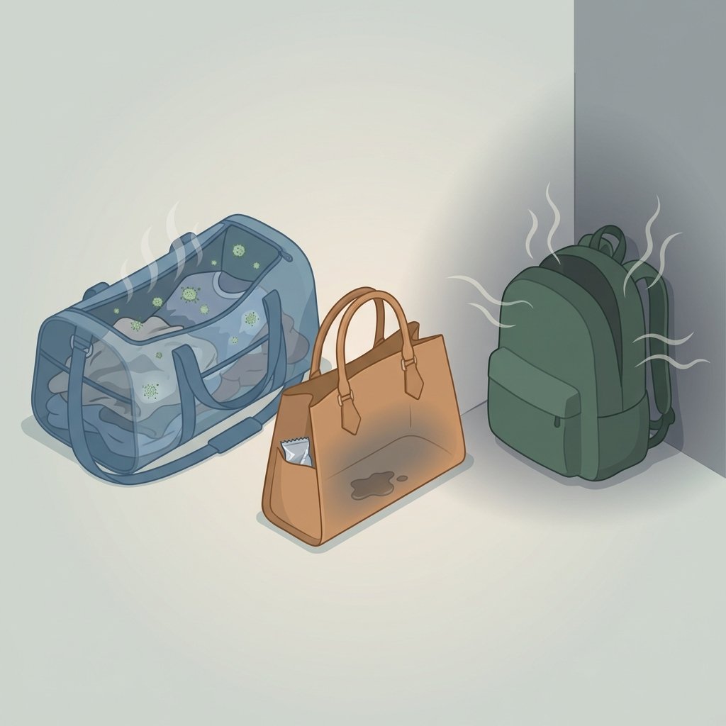 An isometric flat illustration depicting the common causes of musty smells in bags. Show a semi-transparent sports bag with damp, crumpled clothes inside, subtle green mold spores visible. Next to it, a stylish handbag with a faint liquid stain or a tiny, forgotten food wrapper. In the background, a backpack is squeezed into a dark, unventilated corner, with small, wavy 'stale air' lines emanating from it, illustrating trapped moisture and lack of circulation. The overall mood should be slightly muted to convey the unpleasantness.