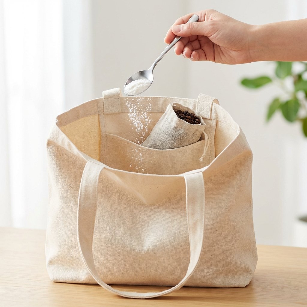A bright, professional photo showcasing the natural odor absorbers. A clean, light-colored open tote bag is positioned center-frame. A person's hand, entering from the side, is gently sprinkling a fine white powder (baking soda) from a small, elegant spoon onto the bottom of the bag. Nearby, a small, breathable fabric sachet filled with dark coffee beans or grounds rests subtly in an inner pocket of the bag. The background is clean and minimalistic, emphasizing freshness and practical action.