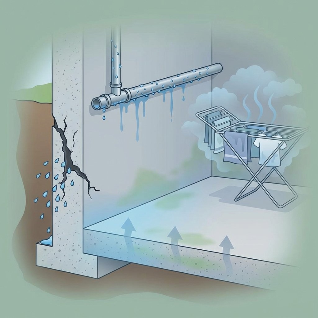 An illustrative cutaway view of a basement wall and floor, clearly depicting multiple sources of moisture contributing to a musty smell. Show a crack in the foundation allowing water to seep in from the exterior ground. Illustrate condensation forming on a cold water pipe or a section of the cold basement wall. Depict rising dampness from the ground beneath the floor, subtly indicated by a gradient or upward arrows. A laundry rack with damp clothes hangs in a corner, releasing moisture into the air. Use an infographic style with clean lines and a palette emphasizing dampness (greys, blues, greens for mold).