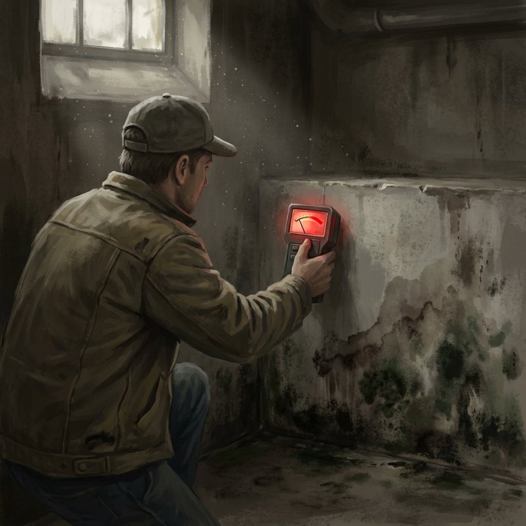A semi-realistic illustration of a person, seen from the back or side, actively inspecting a section of a basement wall. The person holds a hygrometer, showing a high humidity reading (visually represented, not with numbers/text). The wall itself has visible signs of dampness, such as dark water stains spreading from the floor upwards, and small patches of green or black mold. The overall atmosphere is slightly dim and humid, with a hint of stagnant air. The style should be a digital painting with a focus on realism and detail, conveying the unpleasantness of a damp, musty environment.
