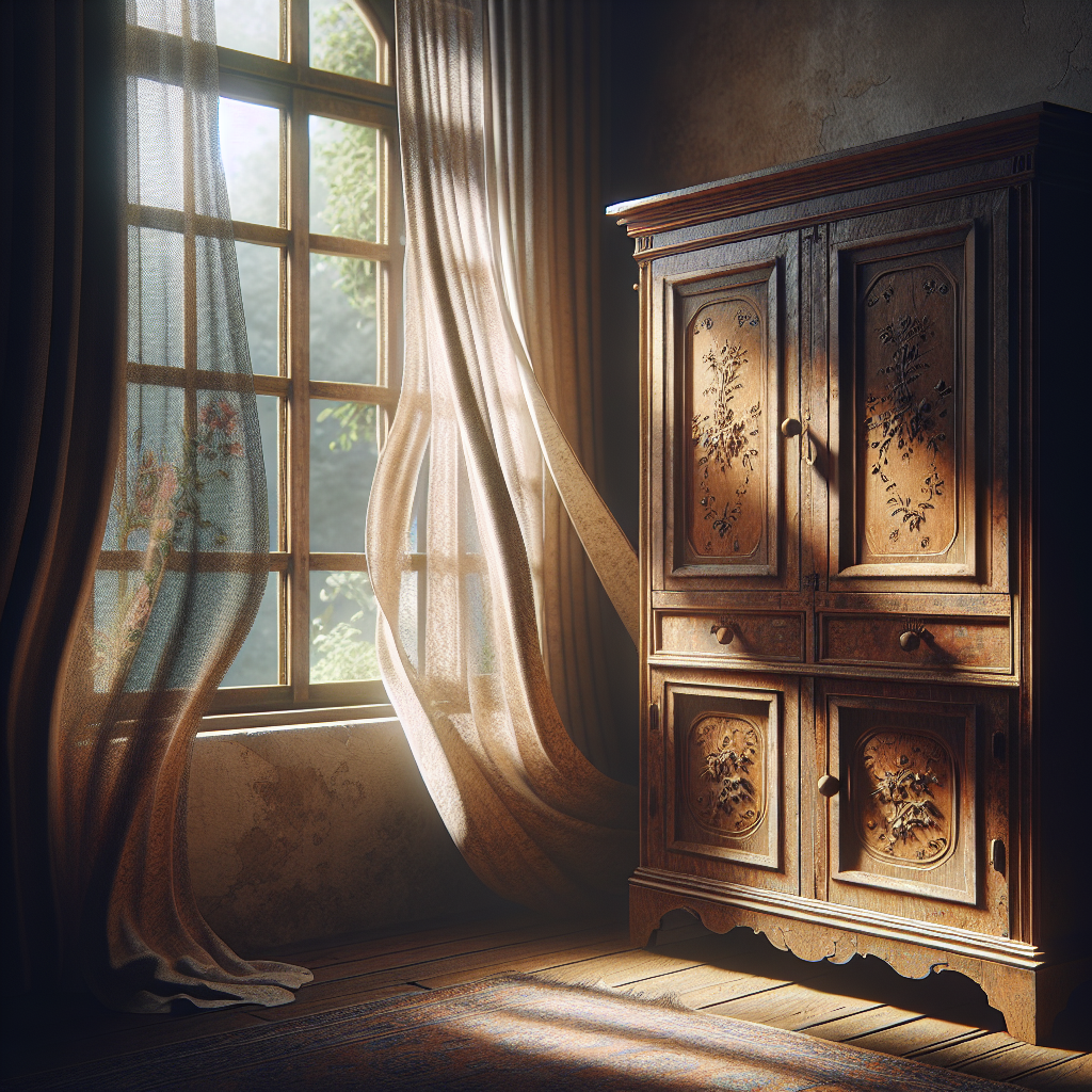 An old, rustic wooden cabinet or chest, placed near an open window on a sunny day. A gentle breeze is suggested by light curtains. Sunlight streams onto the aged wood, highlighting its texture and implying a sense of freshness replacing a musty odor. Detailed, realistic, warm lighting.