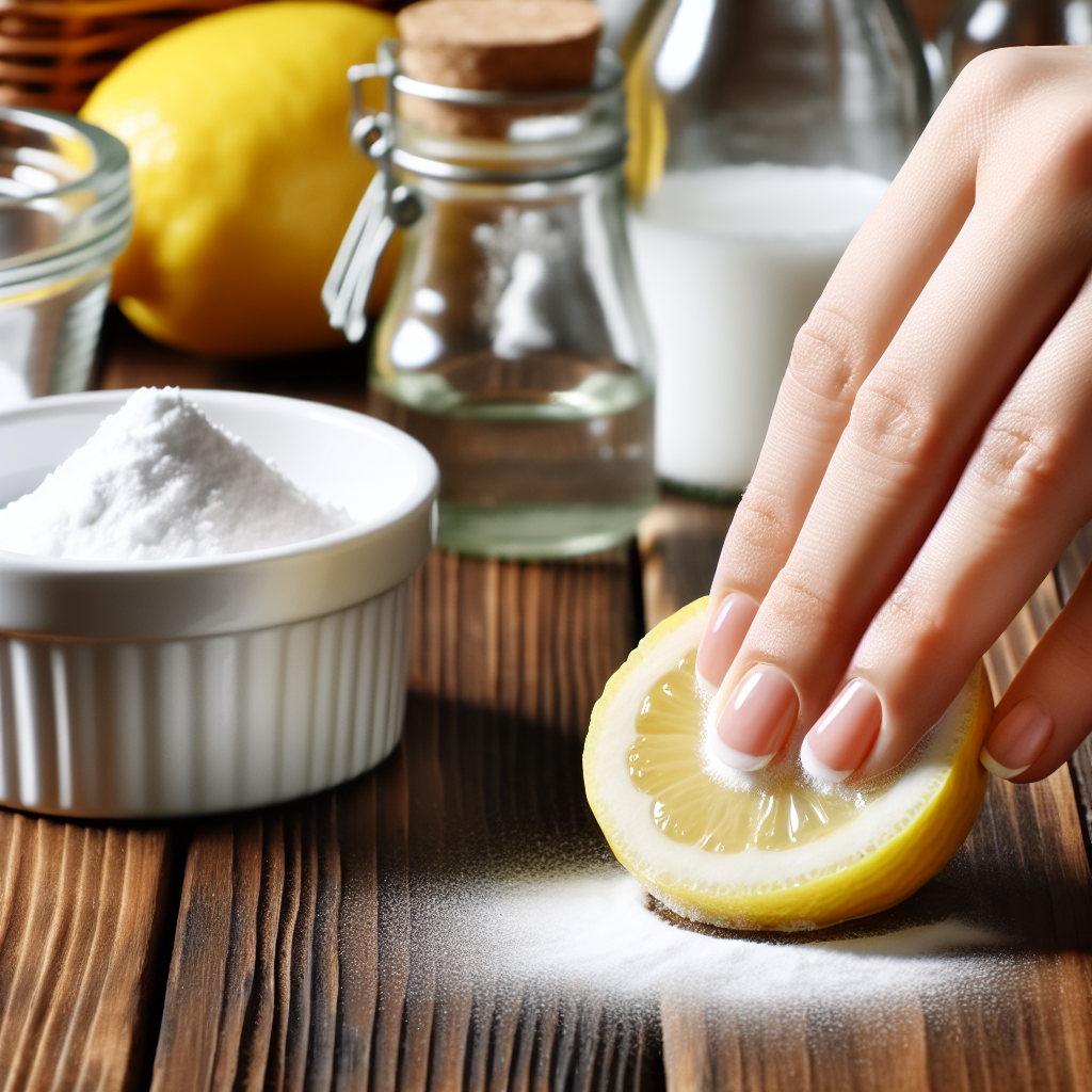 Close-up of a hand gently applying a homemade cleaning solution (e.g., a lemon half sprinkled with baking soda) to a wooden surface. In the soft-focus background, bottles of white vinegar and a bowl of baking soda are visible, representing common household remedies for wood. Bright, clean, and detailed, emphasizing the natural ingredients.