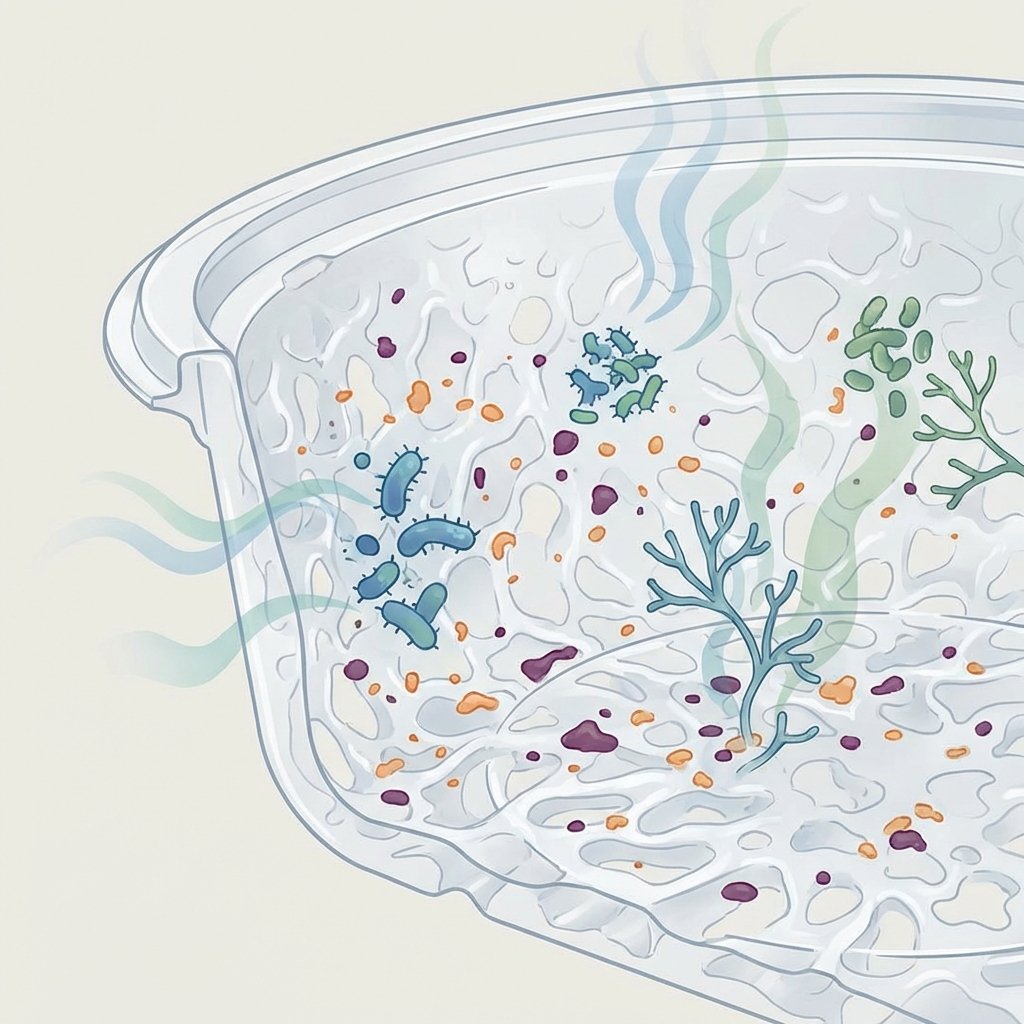 A detailed close-up illustration of a clear plastic food storage container's interior surface. Visually represent the porous nature of the plastic, with abstract, tiny food residue particles (like hints of orange curry or purple onion) embedded within. Surrounding these particles, show stylized, microscopic bacteria or mold shapes, subtly emitting faint, wavy lines to symbolize unpleasant odors. The overall impression should be a blend of a macro scientific diagram and a clean, modern infographic style, highlighting the source of musty smells.