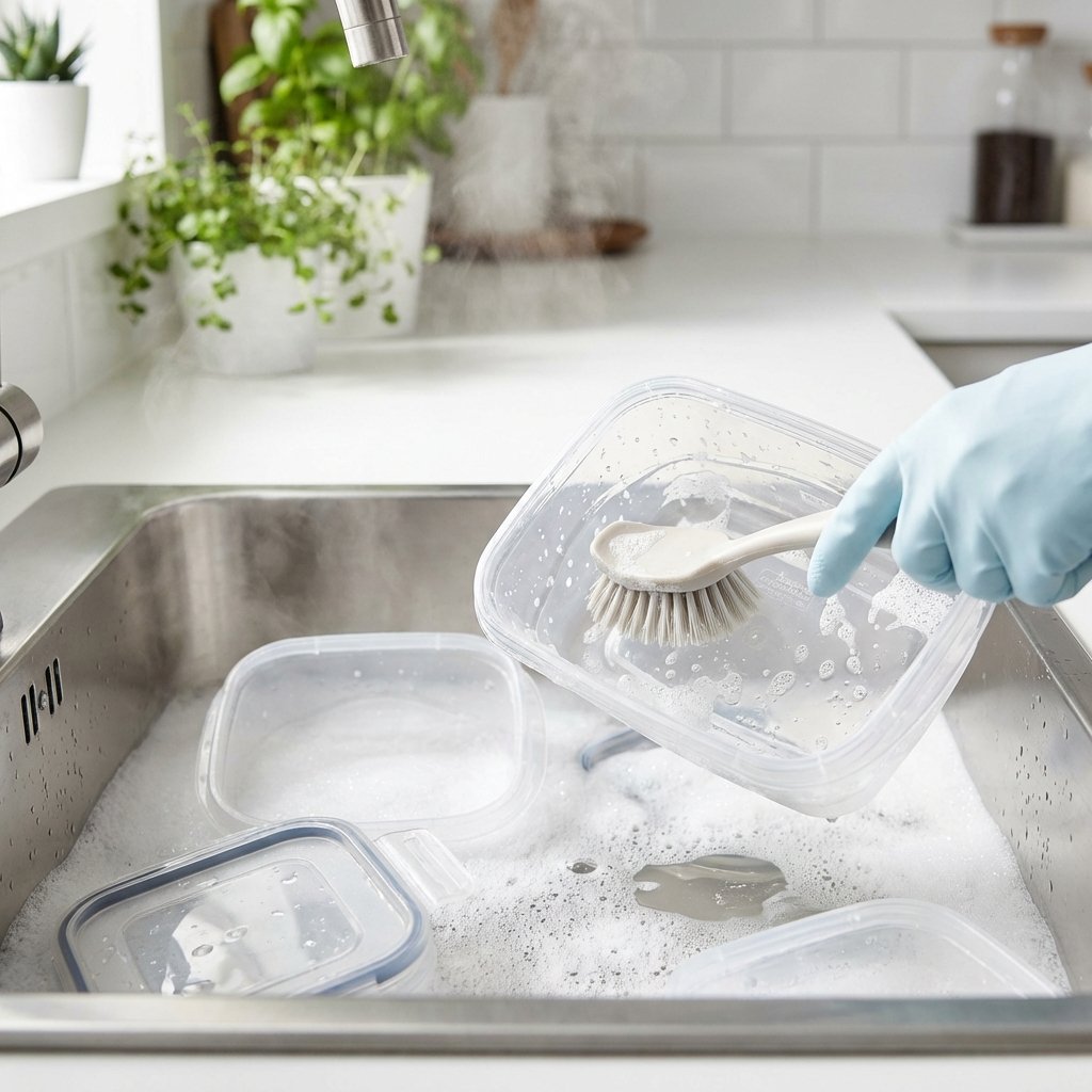 A professional photo style image depicting a bright, clean kitchen sink area. Several clear plastic food storage containers (Tupperware style) are submerged in a sink filled with hot, sudsy water, with gentle steam rising. A hand, holding a soft sponge or brush, is actively scrubbing the interior of one container. The scene should convey a sense of thorough cleaning and freshness, with a focus on the practical action of removing odors. The background should be a blurred, contemporary kitchen environment.