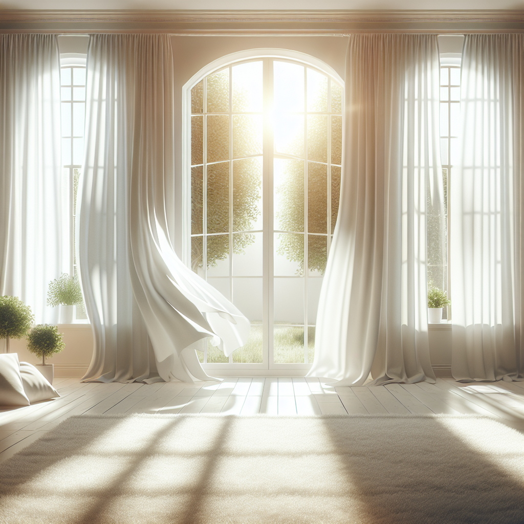 A bright, airy living room with an open window, white curtains gently blowing in a breeze. Sunlight streams in, illuminating the space, which looks fresh and clean. A subtle visual hint of a previously musty atmosphere transforming into a clean, inviting environment. Realistic, warm lighting.