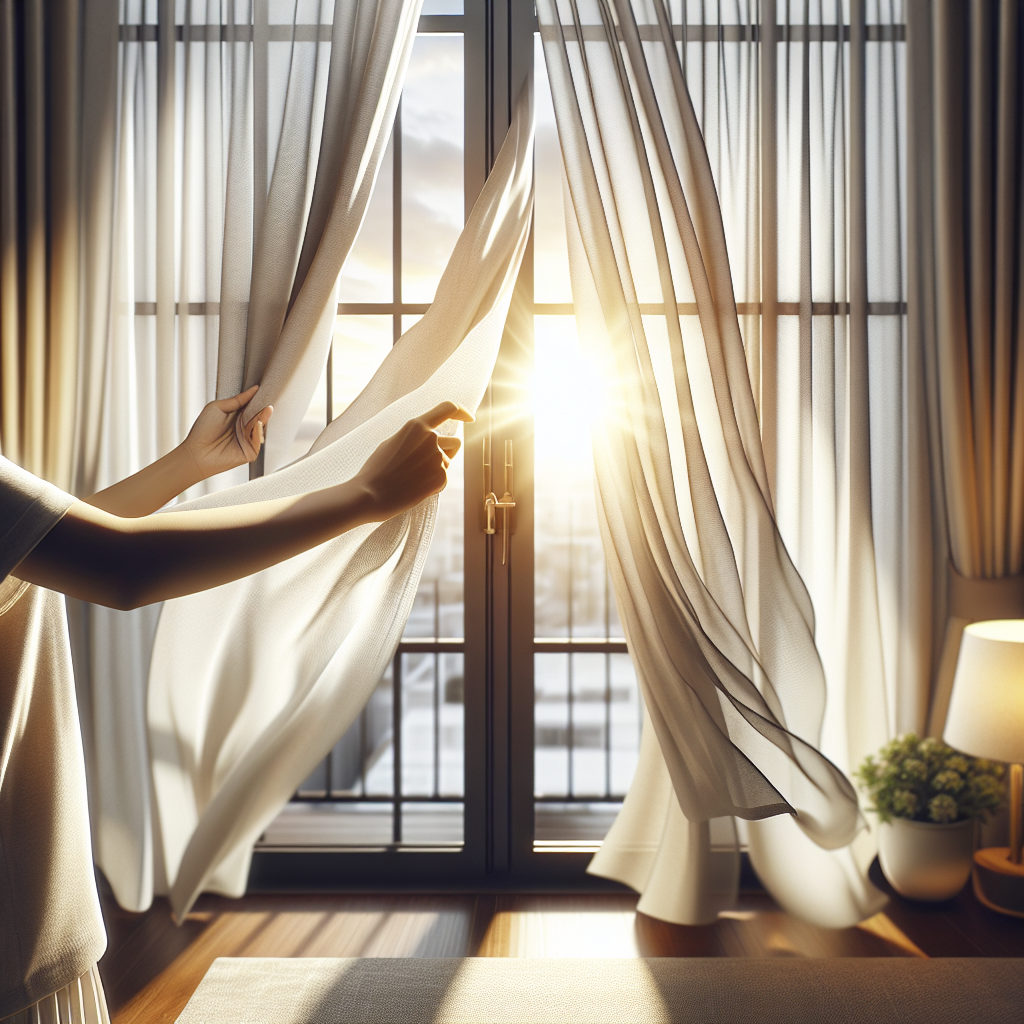 Close-up shot of hands opening a large apartment window wide. Bright sunlight and a gentle breeze enter the room, making white curtains softly billow. The room immediately around the window appears refreshed and airy, symbolizing the removal of stuffiness. Realistic, natural lighting.