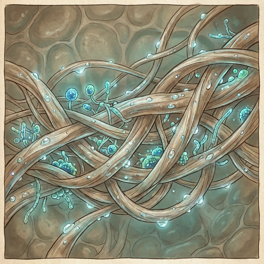 A macro shot, stylized as a scientific illustration, showing the microscopic reasons for musty wool. Focus on wool fibers, depicted as intricate, slightly tangled strands. Interspersed among the fibers are subtle, glowing green or blue bacterial/mold spores and tiny, shimmering water droplets, emphasizing moisture and microbial growth. The overall impression is one of a confined, slightly damp environment at a microscopic level, suitable for a blog's 'causes' section.