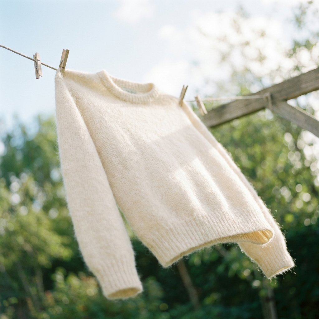 A professional, soft-focus photograph of a clean, light-colored wool sweater gently swaying on a wooden clothesline outdoors. The background is a soft blur of green leaves and a bright, clear sky, indicating fresh air and natural light. The sweater appears fluffy and pristine, catching a soft, diffused sunlight, conveying a sense of freshness, cleanliness, and ample ventilation. The image should evoke a feeling of natural revitalization.