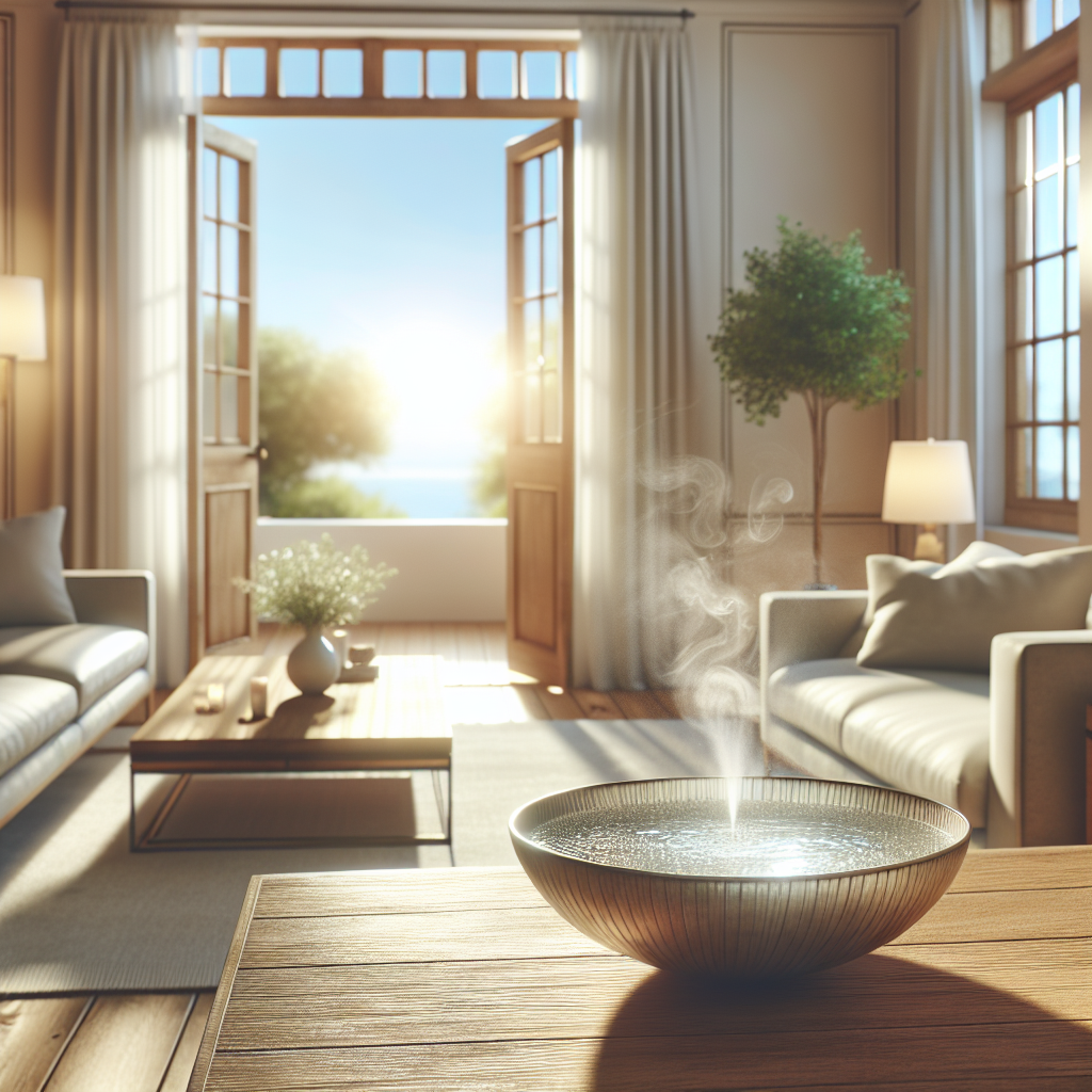 A bright, inviting living room filled with soft morning light. A decorative bowl containing a clear liquid (implying vinegar) sits on a wooden table, subtly emanating a sense of freshness. The room feels clean, airy, and free of any musty odors. A window shows a clear blue sky, emphasizing the fresh atmosphere. High detail, warm tones, inviting.