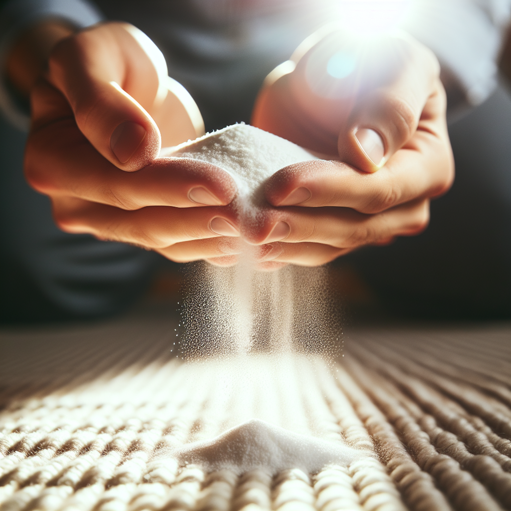 Close-up shot of a person's hands gently sprinkling a fine white powder (baking soda) over a textile surface, possibly a carpet or the inside of a fabric-lined drawer. The powder is clearly visible, creating a delicate cloud. The background is softly blurred to keep focus on the action and the baking soda. Practical, clean, natural light.