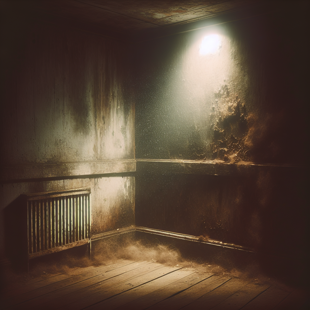 A dimly lit, slightly neglected room corner, perhaps a basement or an old wardrobe, with a visual representation of stale, musty air. Subtle dampness on a wall, a hint of dust motes in a weak light beam, conveying an unpleasant, stagnant atmosphere. Realistic, slightly eerie mood.