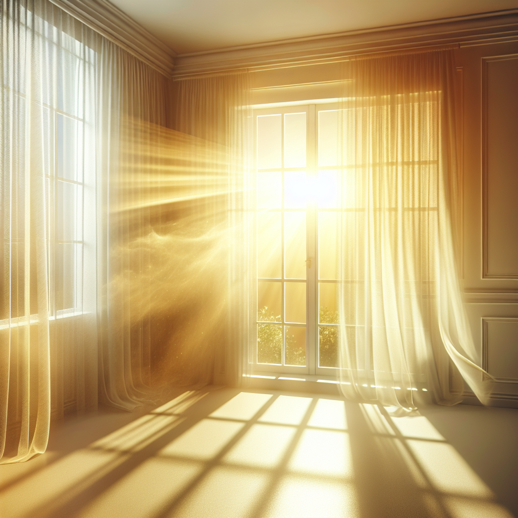 A bright, clean room with an open window, sunlight streaming through, and a gentle breeze blowing sheer curtains. The room feels fresh, airy, and revitalized, contrasting sharply with a musty smell. A sense of cleanliness and well-being. Focus on natural light and ventilation.
