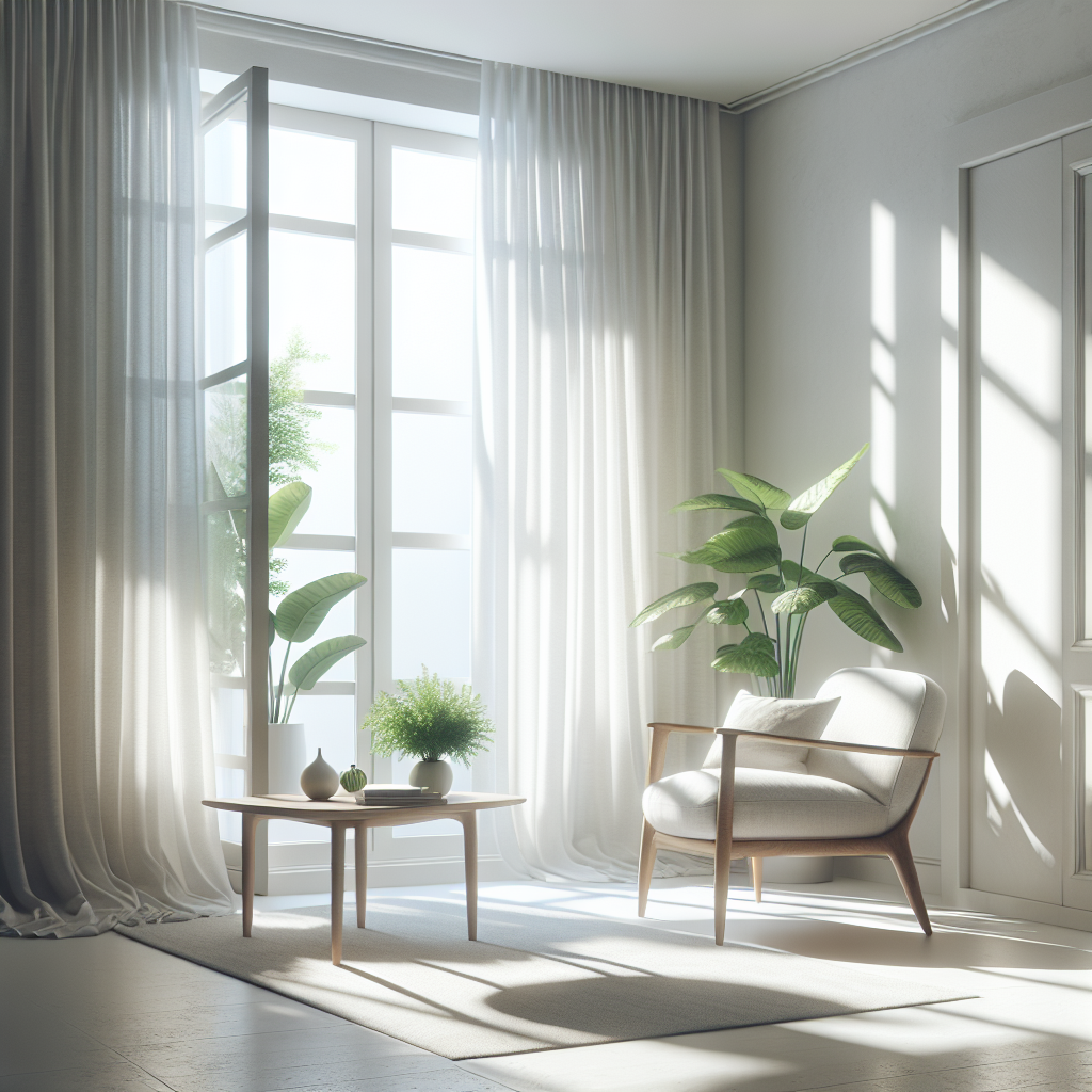 A sun-drenched, inviting living room with a large window wide open, letting in a refreshing breeze that gently billows white sheer curtains. The room feels clean and bright, with a vibrant green potted plant on a minimalist wooden table and a cozy, well-maintained armchair. The overall atmosphere emanates freshness and well-being, symbolizing the successful removal of musty odors.