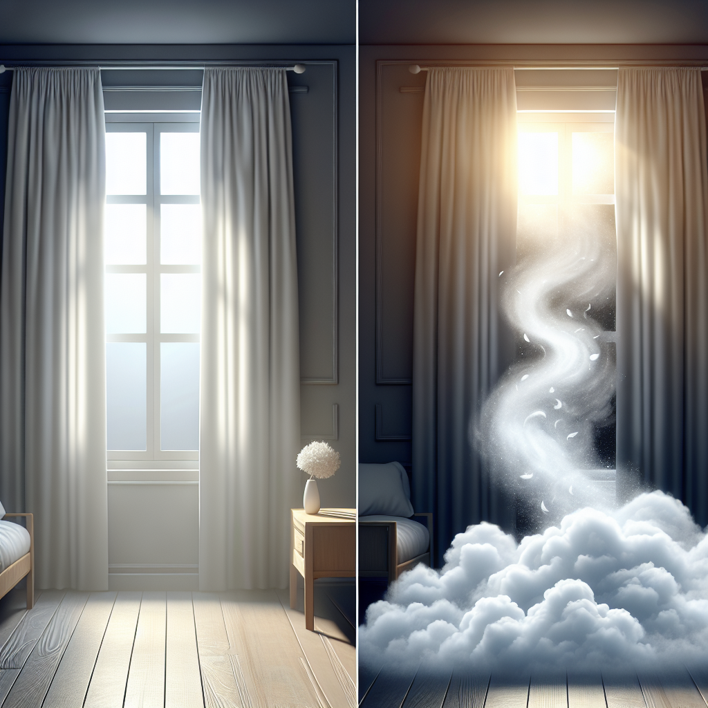 An illustrative scene depicting a subtle, soft grey cloud, representing stale or musty air, gracefully dissipating and being carried away out of an open window by an invigorating rush of bright, clean air, symbolized by gentle white swirls and a soft glow. The interior of the room is simple and light-filled, emphasizing the transformation from stuffiness to freshness. Focus on the visual metaphor of air purification.