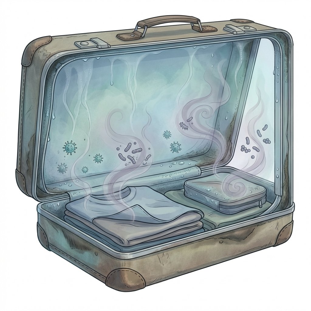 A detailed infographic-style illustration depicting a cross-section or cutaway view of a closed suitcase. Inside, subtle visual cues indicate moisture, like faint condensation droplets or a slightly humid atmosphere. Within this environment, tiny, almost microscopic representations of mold spores and bacteria are subtly visible, emanating faint, swirling, gray-purple 'odor' wisps. The suitcase material itself should show slight dampness. The overall aesthetic should be clean and informative, using a muted color palette with perhaps a touch of green/blue for moisture and gray for the smell, highlighting the root cause of the musty odor.