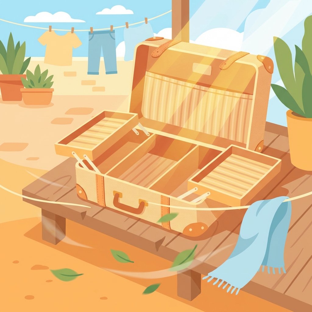 A vibrant, warm flat illustration showing an open suitcase drying in a bright, sunny outdoor setting. The suitcase, with its compartments fully unzipped and flaps open, is placed on a clean surface, perhaps a wooden deck or a patio. Rays of golden sunlight stream down onto the suitcase, conveying warmth and dryness. A gentle breeze is subtly suggested by a leaf rustling nearby or light movement in the background. The scene should evoke freshness and cleanliness, with a cheerful, optimistic color scheme emphasizing the sun and fresh air, representing the crucial step of airing out.