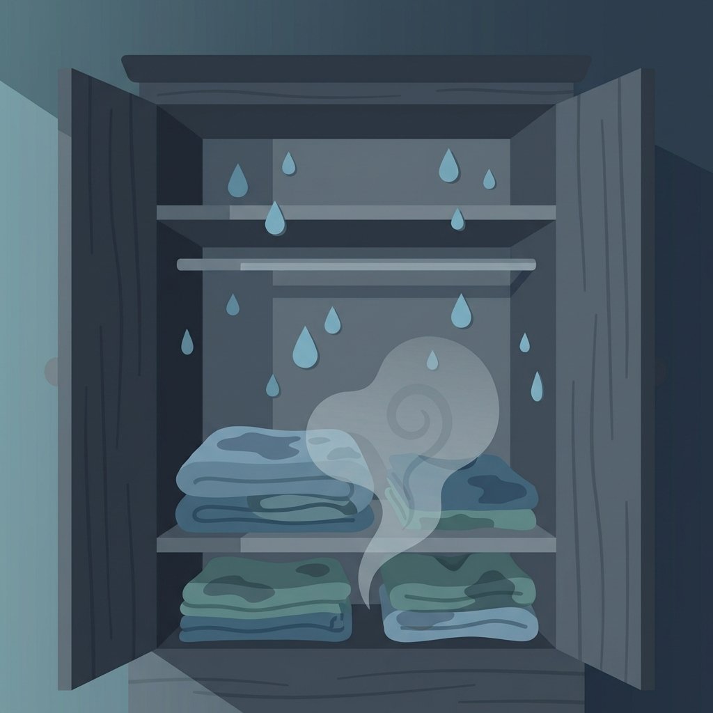 A slightly open wardrobe interior, dimly lit, revealing visible moisture droplets on the inner walls and shelves, suggesting high humidity. Some folded textiles inside show subtle damp spots or a slightly warped texture. A faint, almost invisible cloud or misty effect subtly emanates, representing stale air and potential mold growth. The overall scene should convey a sense of neglected dampness without being overly grotesque. The style should be a stylized flat illustration with a slightly muted color palette, emphasizing cool, damp blues and grays.